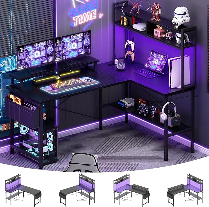 Aheaplus L Shaped Gaming Desk with Power Outlets & LED Lights, Small L- Shaped Desk Computer Corner Desk with Monitor Stand & Storage Shelf, Home Office Desk Writing Desk with Storage Bag, Black