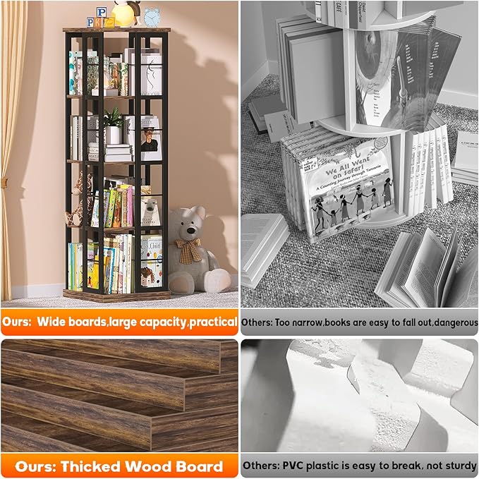 Aheaplus Rotating Bookshelf, Corner Bookcase, 360 Display Wood Spinning Bookshelves, Floor Standing Bookcases Narrow Shelf, 4 Tiers, Rustic Brown