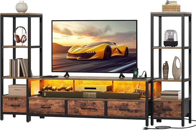DWVO Entertainment Center with Bookshelves, LED TV Stand for 65/60 inch TV, Retro TV Stand for Living Room with 2 Industrial 4-Tier Bookshelves & Power Outlets,Rustic Brown