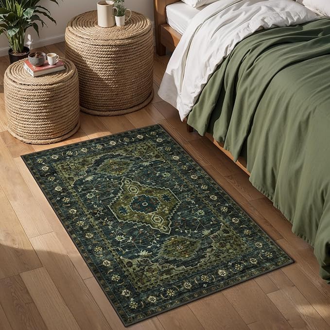 Tangsoo Washable Entryway Rugs Vintage Olive Green Rug 2x3 Non Slip Small Area Rug, Front Door Boho Rugs, Print Distressed Door Mat Indoor Entrance Soft Low Pile Throw Rug for Entry Kitchen Bedroom