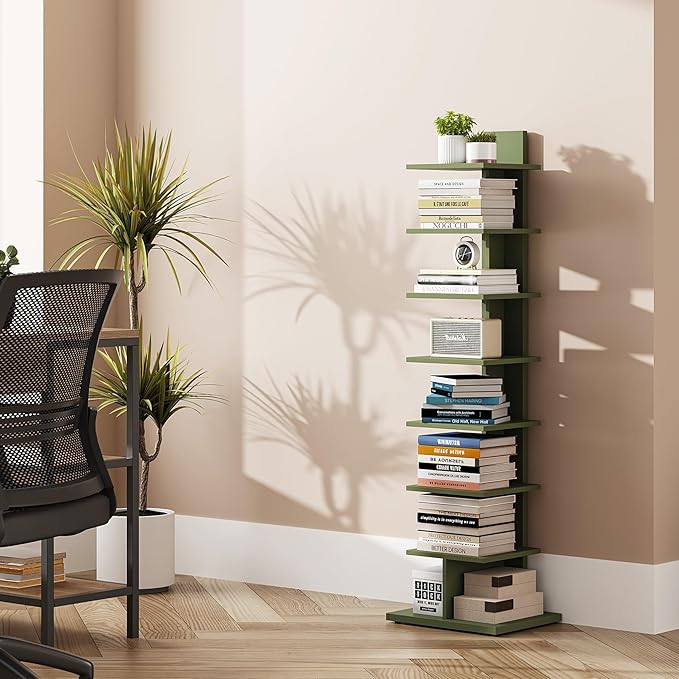 TUTOTAK Bookshelf, 8-Tier Bookcase, Narrow Spine Book Shelf for Small Space, Corner Standing Shelf for Living Room, Office, Study, Entryway, Olive Green BS06BOG008
