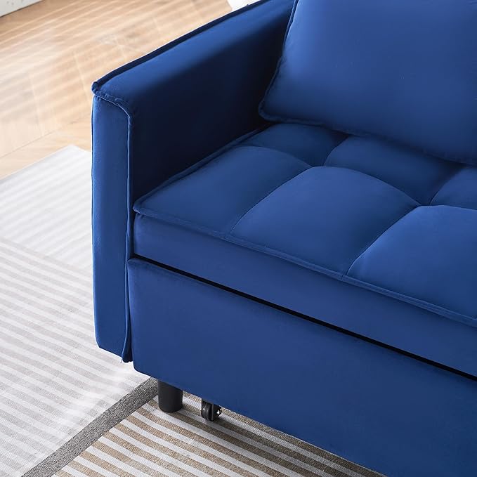 Ball & Cast 55" Convertible Sofa Bed,3 in 1 Sleeper Sofa W/Pull-Out Bed,Convertible Pull Out Couch W/2 Pillows,Adjustable Backrest & Side Pocket,Velvet Futon Couches for Living Room,Apartment,Blue
