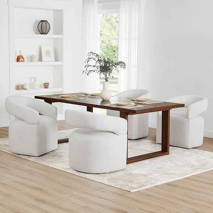 Upholstered Dining Chairs with Casters Modern Barrel Side Armchair with Rollers for Diningroom Bedroom Livingroom Reading Room, Linen, 4PCS