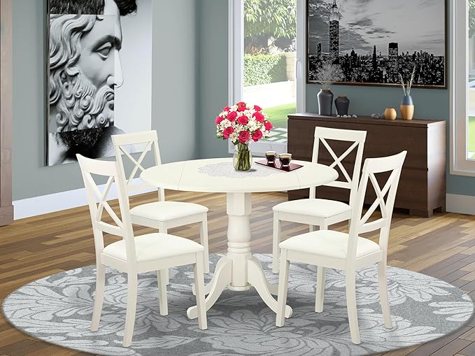 East West Furniture DLBO5-LWH-LC 5 Piece Dining Room Furniture Set Includes a Round Kitchen Table with Dropleaf and 4 Faux Leather Upholstered Dining Chairs, 42x42 Inch, Linen White