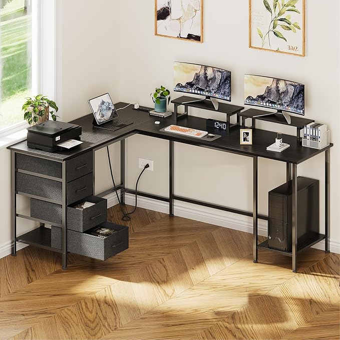 66" L Shaped Computer Desk, 94.4'' Home Office Desk with Power Outlets, 4 Adjustable Storage Drawers & 2 Monitor Stands, Large Two Person Gaming Table for Writing Study, Black