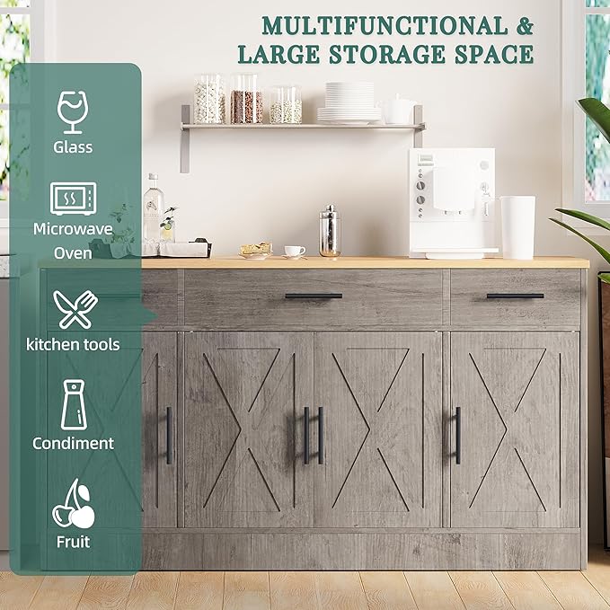 Shintenchi Buffet Cabinet with Storage,53.4" Large Kitchen Storage Cabinet with 3 Drawers and 4 Doors,Wood Farmhouse Buffet Sideboard with Adjustable Shelf for Kitchen Living Room,Ash Grey