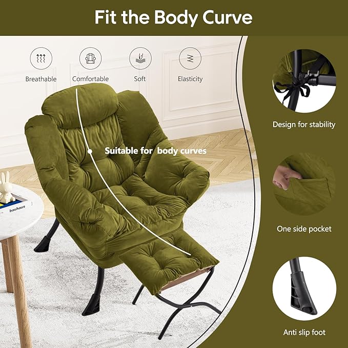 Lazy Chair with Folding Ottoman Modern Large Accent Chair,Contemporary Lounge Leisure Sofa Chair with Armrests Upholstered Sofa Armchair Reading Chair for Bedroom,Dorm & Office(Green-f)