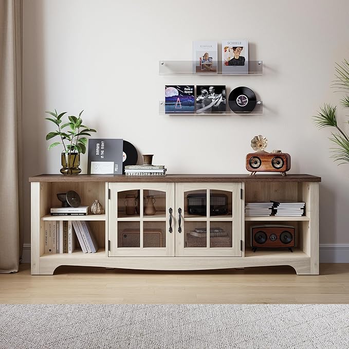 LINSY HOME TV Stand for 75 Inch TV, Modern Farmhouse Entertainment Center with Storage Cabinets and Glass Doors, Tall Media Console Table for Living Room, Bedroom, Large Long Television Stand, Beige