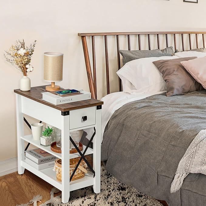 Narrow End Table with Charging Station - Farmhouse Slim Side Table, w/USB Ports Power Outlets, Nightstand w/Flip Top Storage Drawer, for Small Spaces Living Room Bedroom, Brown White