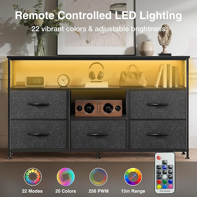 TV Stand for Bedroom, 47 Inch Dresser TV Stand for 43, 50, 55 Inch TVs, 5 Drawers Entertainment Center with Storage, LED Lights & Power Outlets, Media TV Console Table for Living Room, Black