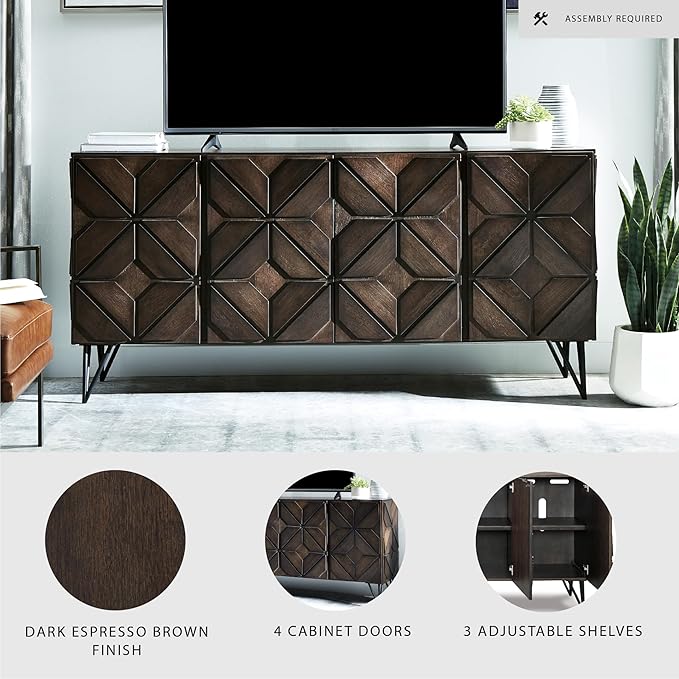 Signature Design by Ashley Chasinfield Urban Geometric Design TV Stand Fits TVs up to 70", 4 Cabinet Doors and 3 Adjustable Storage Shelves, Dark Brown