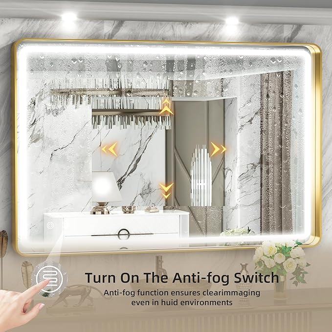 Hasipu 40×30 Inch LED Bathroom Mirror with Lights, Gold Metal Framed Bathroom Light Mirror for Vanity Anti-Fog, Dimmable, 3 Colors (Horizontal/Vertical)