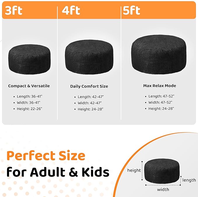 HABUTWAY 4FT Bean Bag Chair, 4' Large Bean Bag Chairs for Adults with Removable Stripe Plush Cover, Memory Foam Beanbag Chair for Living Room Bedroom Dorm (Black)