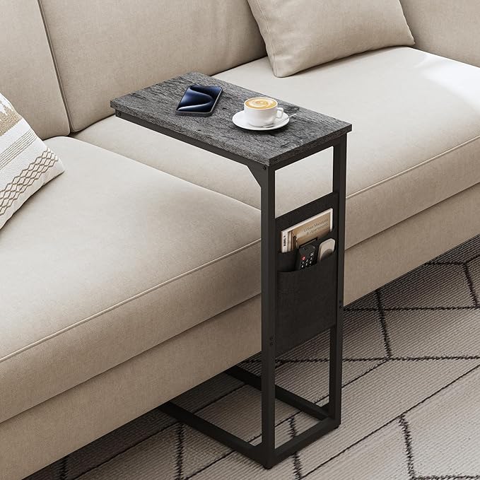 TUTOTAK C Shaped End Table, Side Table for Couch, Sofa Table with Storage Bag, TV Tray for Living Room, Bedroom, Charcoal Grey TB01BY0822