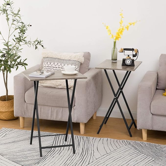 HOOBRO Folding TV Tray Tables, Set of 4 TV Trays with Storage Rack, Industrial Side Table for Eating at Couch, Foldable Snack Table for Small Space, Easy Assembly, Greige and Black BG50BZ01
