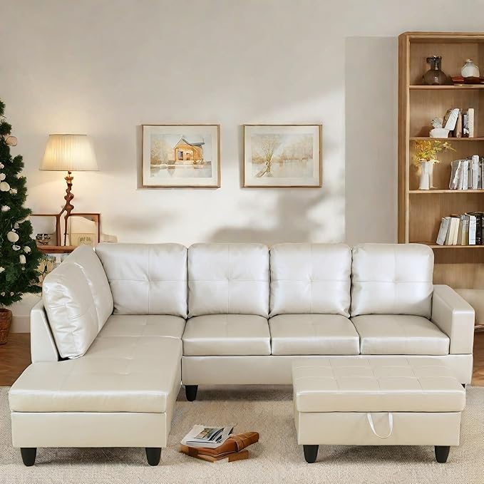 L Shaped Sectional Couch with Otttoman, 97" Leather Sectional Sofa for Living Room Modular Couches with Cup Holders for Bedroom, Apartments, Light Grey