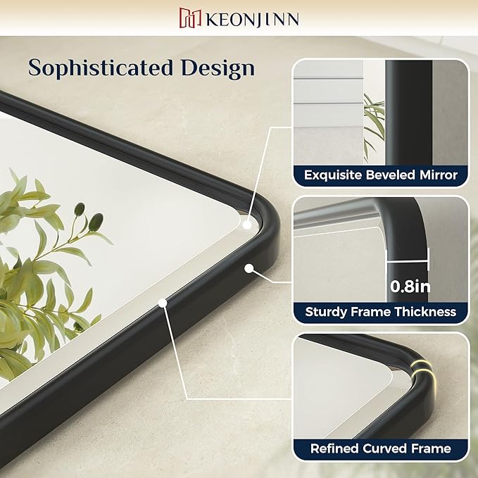 Keonjinn Pivot Mirror Bathroom, 24x30 Inch Black Tilt Mirror Bathroom for Over Sink, Matte Black Framed Mirrors for Bathrooms, Adjustable Beveled Rounded Corner Tilt Wall Mirrors, Horizontal/Vertical