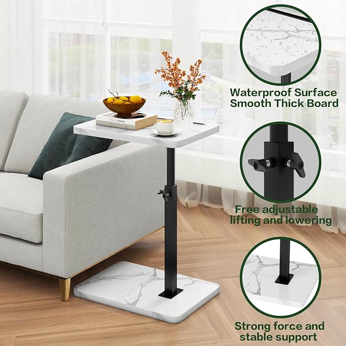 IBUYKE Tray Table for Couch, 360° Swivel Height Adjustable End Table for Small Spaces, with Phone & Tablet Slot, Modern Small Coffee Snack Table for Sofa/Bed, White with Black UTVT003BW
