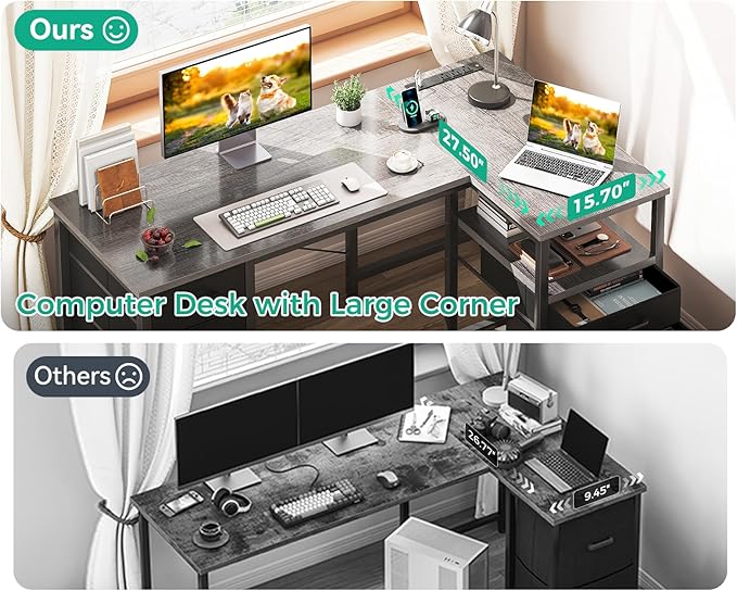 Coleshome L Shaped Computer Desk with 6 Drawers & Power Outlet, 55 Inch Corner Desk with Reversible Storage Shelf & File Drawer, Home Office Desk, Grey Oak
