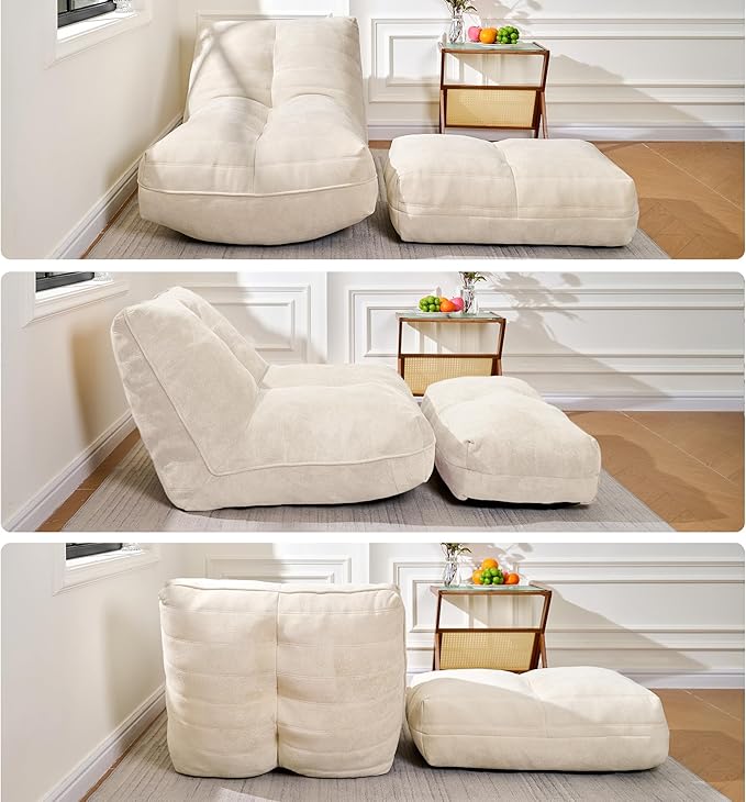 Bean Bag Chair with Ottoman, Comfy Bean Bag Sofa with Memory Foam, Lazy BeanBag Sofa with Footstool, Fireside Bean Bag Couch for Living Room, Bedroom, Apartment (Off White)
