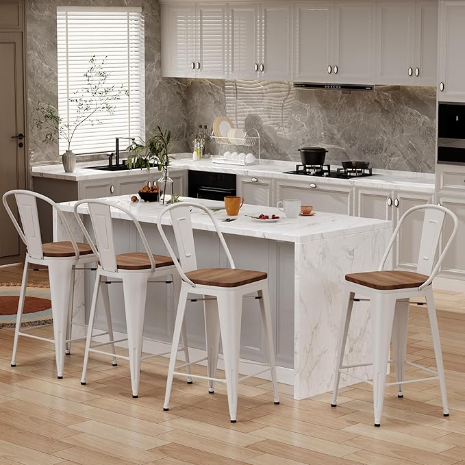 Changjie Furniture 26 Inches Bar Stools, Counter Height Bar Stools with Back Modern Barstools Bar Chairs Set of 4 for Kitchen (26 Inch, White)