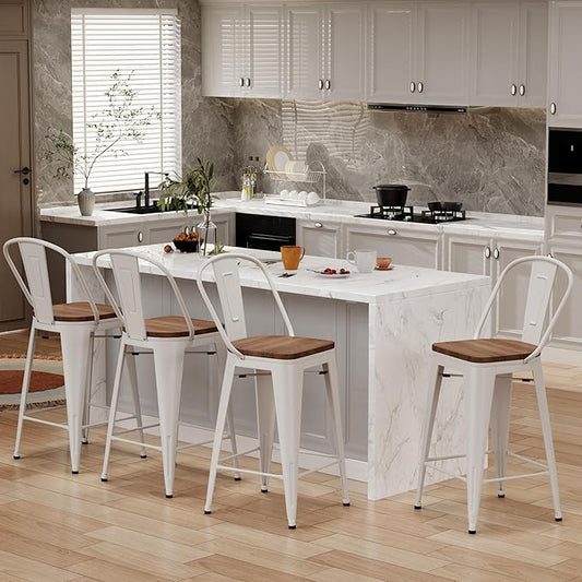 Changjie Furniture 24 Inches Metal Barstools Set of 4 Counter Height Bar Stools Industrial Stools with Backs High Back Chairs for Kitchen Island (24 Inch, White)