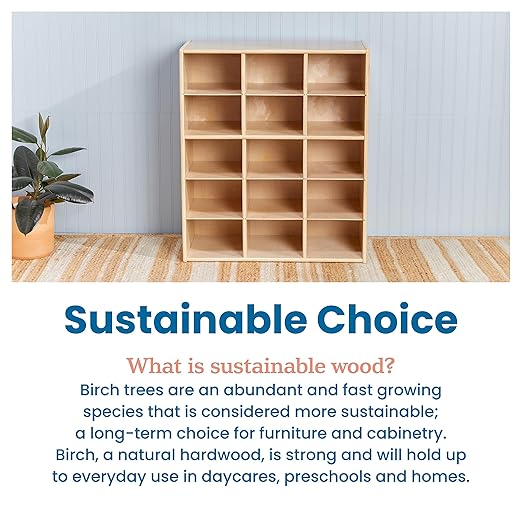 ECR4Kids Streamline 15 Cubby Tray Storage Cabinet, 5x3, Classroom Furniture, Natural