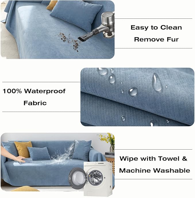 STACYPIK Blue Waterproof Sofa Cover, Anti-Slip Couch Covers for Pets, Anti-Scratch Furniture Protector for 2 Cushion Couch, Washable Leakproof Loveseat Cover for Sectional, Sofa Slipcover-71 x118IN