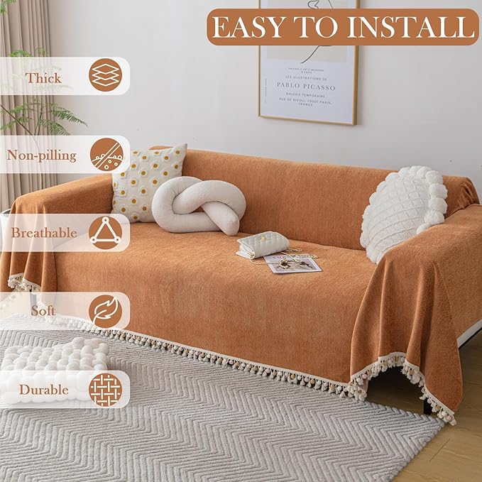 HANDONTIME Dark Orange Sofa Covers Couch Cover for Dogs Colorful Tassel Sofa Seat Cover Lovetseat Cover Pet Couch Cover Bohemian Sofa Cover for Couch Vintage Boho Couch Covers Futon Cover, 91" X118"