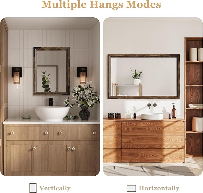 YOSHOOT Farmhouse Bathroom Mirror, Rustic Wooden Framed Mirror, Wood Vanity Mirror, Solid Wood & Handmade, Vertical or Horizontal Hanging for Bathroom Entryway Living Room Bedroom, 48" x 30", Brown