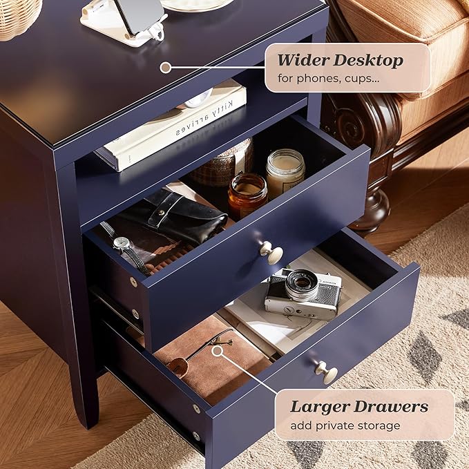 Huuger Blue Nightstand Set of 2, Night Stand with Charger Station, Bedside Table with 2 Drawers, Bed Side Tables for Bedroom, Modern Nightstands, Metal Knobs, Painted Surface