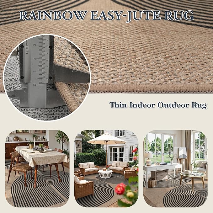 Lahome Modern Rainbow Easy Jute Carpet, 8x10 Living Room Rugs Indoor Outdoor Patio Dining Room Rug, Contemporary Farmhouse Non Slip Non Shedding Carpet for Deck Backyard
