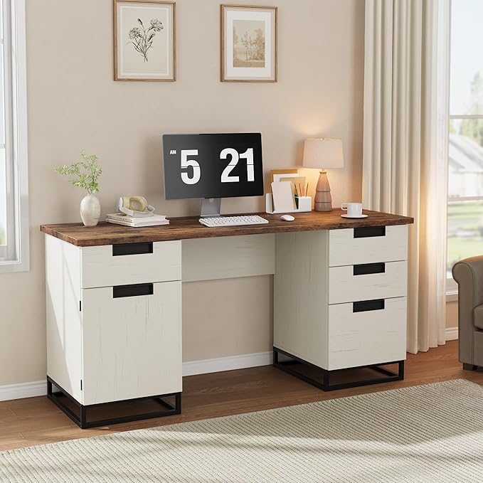 Garvee 59" Farmhouse Executive Desk, Home Office Desk with File Drawer and Storage Cabinet, Wooden Computer Table with 3 Drawers for Work and Study (Vintage)