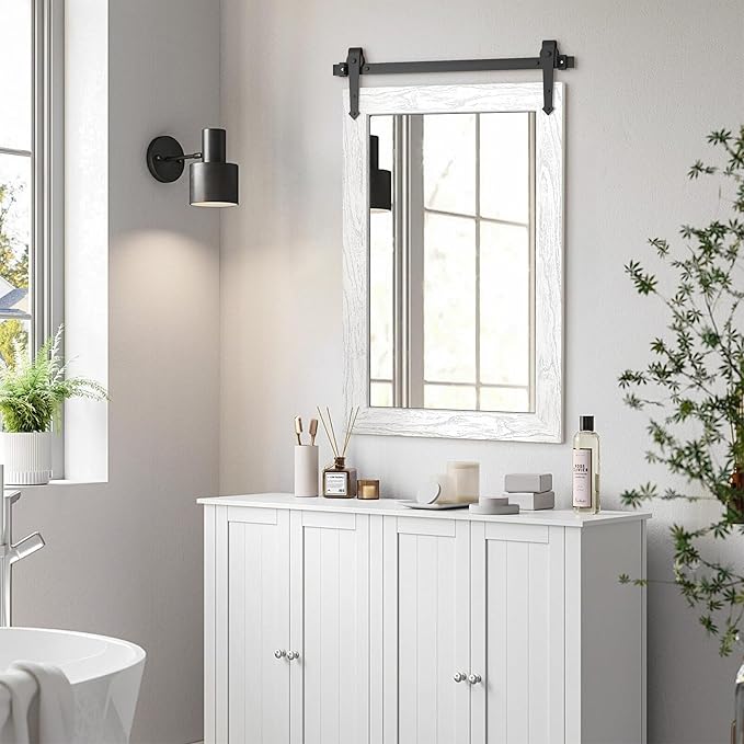 Farmhouse Bathroom Mirror for Over Sink 22”*32”, Barn Door Mirror, Rustic Wall Mirror for Bathroom White, Living Room, Entryway