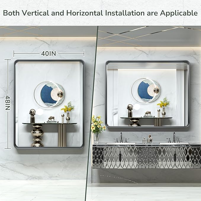 TokeShimi 48x40 Inch Wall Mirror Black Bathroom Vanity Mirror with Metal Frame Aluminum Alloy Soft Rounded Corner for Modern Farmhouse Wall Decor 1”Deep Set Design (Horizontal/Vertical)