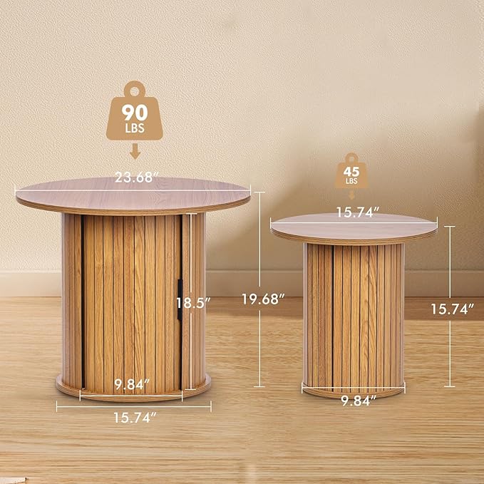 Modern Walnut End Table with Storage - Fluted Design Living Room Accent Table, Tall Bedside Nightstand & Sofa Side Table for Small Spaces, Dark Wood Finish (23.6" Wide, Natural)