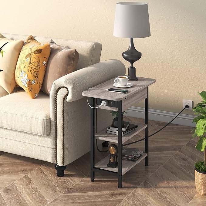 LIDYUK End Table with Charging Station, Set of 2 Flip Top Narrow Side Table for Small Spaces, Nightstands Set of 2 for Bedroom, End Tables Living Room with Storage Shelves, Greige