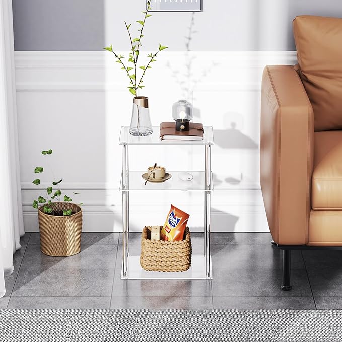 Clear Acrylic Side Table, 3-Tier End Table for Living Room, Small Bedside Tables Nightstand for Bedroom Set of 2, Home Decor Accent Table, 15.7" L x 11.8" W x 23.6" H
