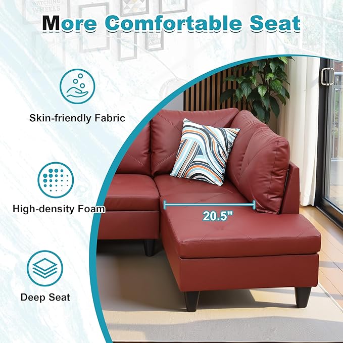 97" Oversized Sectional Couch, L Shaped Couch with Storage Ottoman, Modern Modular Sofa with Deep Seat, Sectional Couches for Living Room and Office, Red (Faux Leather)
