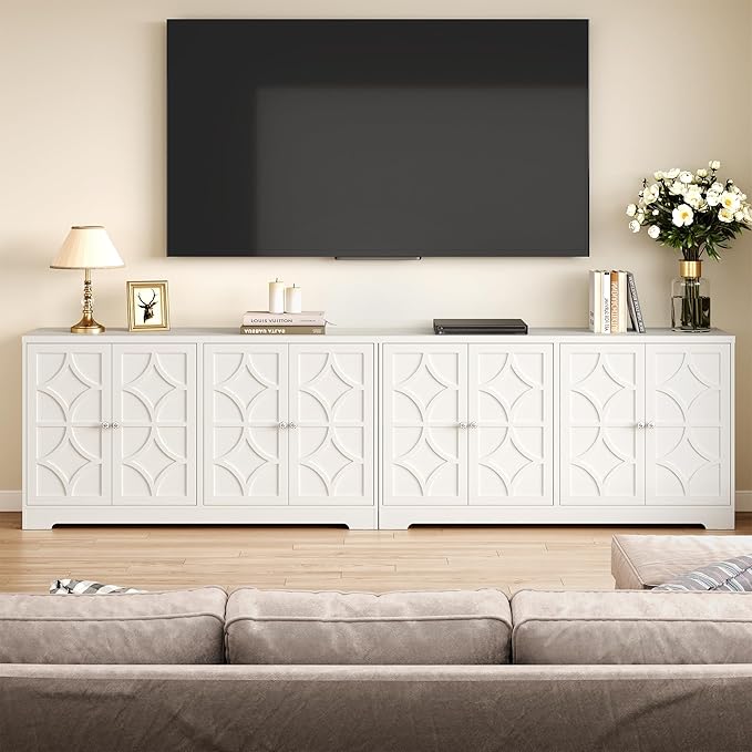 Sideboard Buffet with 4 Doors, Mid-Century Sideboard Cabinet with Adjustable Shelves, Accent Cabinet for Entryway, Living Room, Dining Room, White