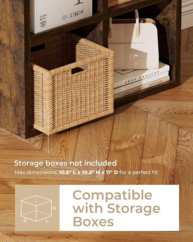 GTPLAYER 8-Cube Storage Organizer, Fits 11" Bins, Vertical or Horizontal Use, Opening Bookshelf, Partial Back Panels, Stackable Design Bookcase, for Living Room, Media Console, Hallway, Rustic Brown