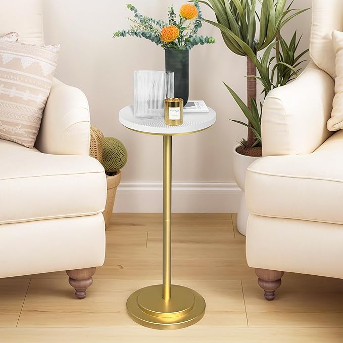 Drink Table Set of 2, Small Round Pedestal Side Table with Carved Top for Living Room, Bedroom, Small Space, Corners and Office, White and Gold