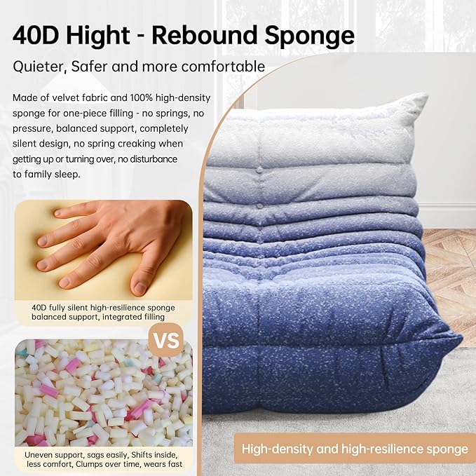 Bean Bag Chairs for Adults, BeanBag Reading Chair Memory Foam Couch, Floor Chair Soft Teddy Material, Comfy Reading Nook Chairs for Bedroom Living Room Office (Blue White)