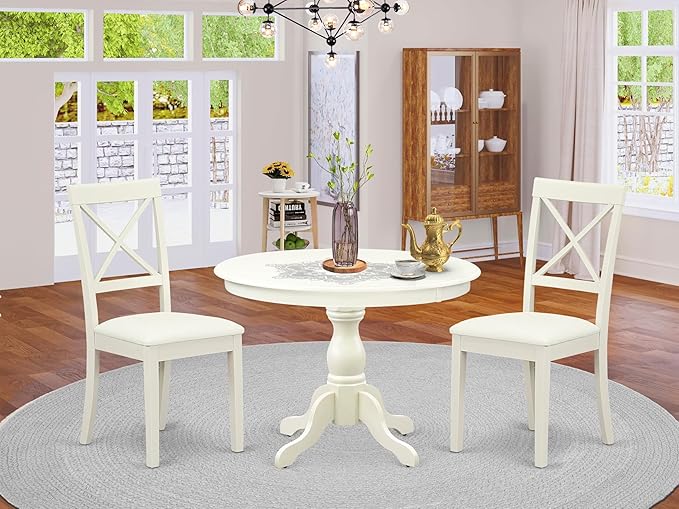 East West Furniture HBBO3-LWH-C 3 Piece Modern Dining Table Set Contains a Round Wooden Table with Pedestal and 2 Linen Fabric Kitchen Dining Chairs, 42x42 Inch, Linen White
