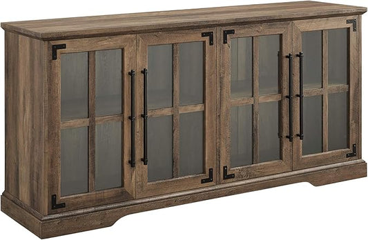 Walker Edison Farmhouse Barn Glass Door Wood Universal TV Stand for TV's up to 64" Flat Screen Living Room Storage Cabinet Doors and Shelves Entertainment Center, 58 Inch, Rustic Oak