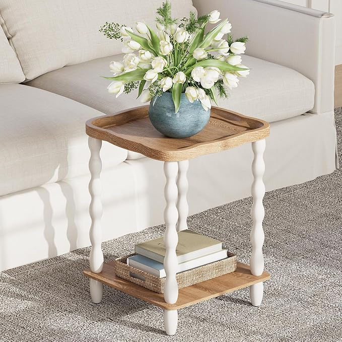 karlott End Table, 2-Tier Farmhouse Side Table, 18.9'' Handcrafted Weathered Wooden Nightstand Table, Pine Leg, Square Arc Small End Tables for Living Room, Small Space, Bedroom, Boho, Easy Assembly