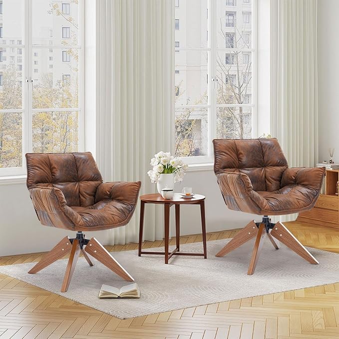 Mid Century Accent Chair, Hot Stamping Cloth Desk Chair no Wheel, Modern Cozy Vanity Chair Advanced & Wear-Resistant with Amrest, Wood Legs for Living Room, Reading Room, Bedroom, Brown