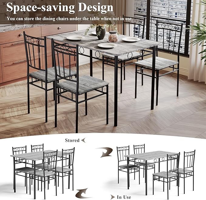 5 Piece Dining Table Set, Modern Metal&Wood Kitchen Dinner Table with 4 Chairs, Dining Room Table Sets for Small Spaces, Gray
