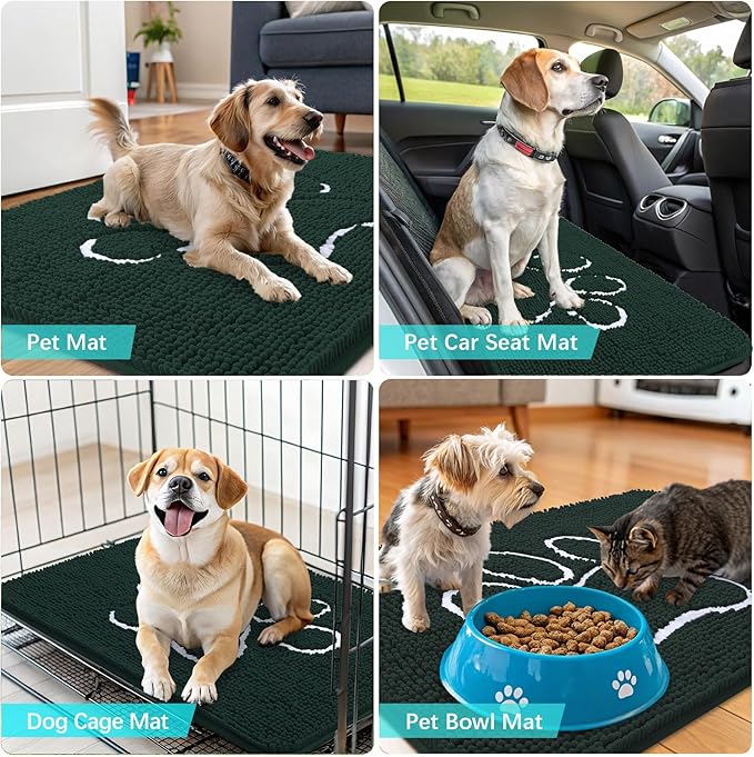 OLANLY Door Mat for Muddy Dog Paws 24x16, Absorbent Chenille Mud Doormat with Paw Print Design, Non-Slip Washable Doormat for Indoor Entryway, Quick-Dry Pet Bed Mats for Dirty Dogs, Blackish Green