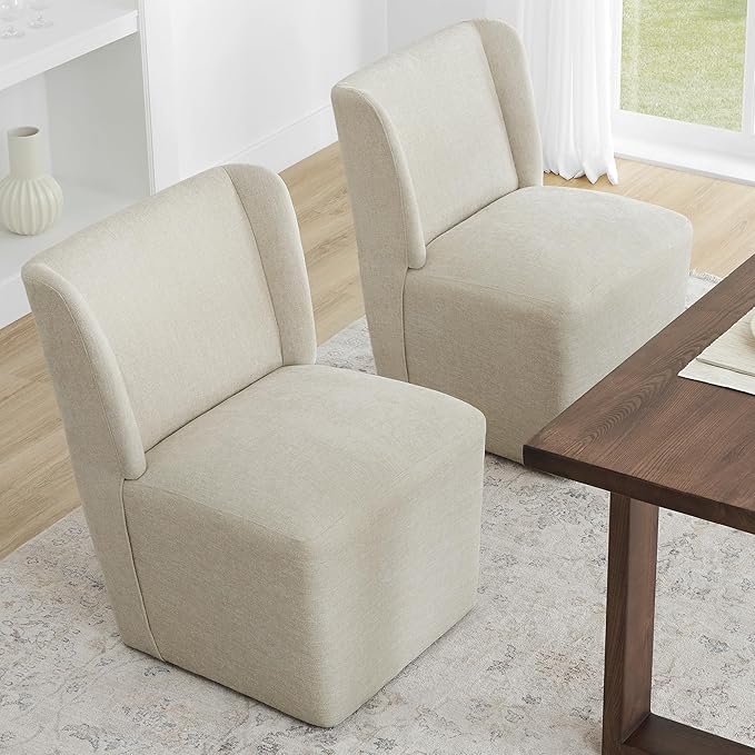 Upholstered Dining Chair with Casters Wingback Modern Side Armless Deskchair with Rollers for Diningroom Bedroom Livingroom Reading Room,Cream Beige,2 Box